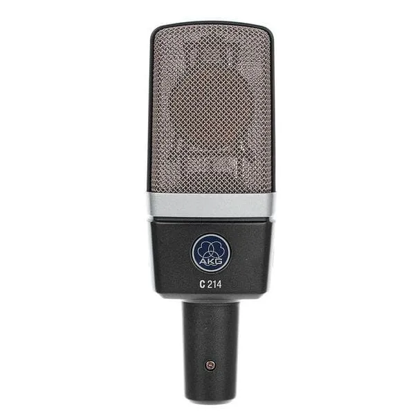 AKG C214 kondensatormikrofon med gråblå metallkropp och guldfärgat galler