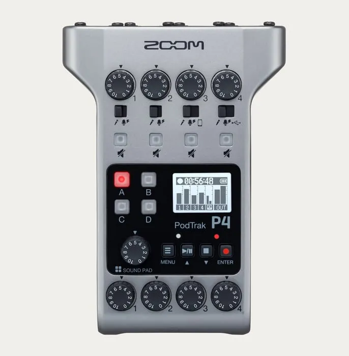 Zoom PodTrak P4 poddmixer med fyra XLR-ingångar och ljudpads